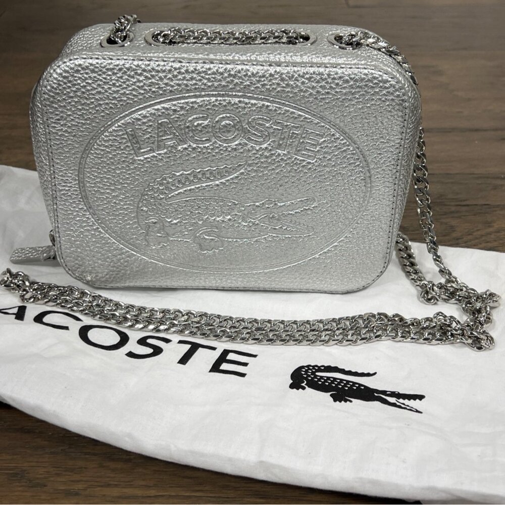 LACOSTE Croco Crew Silver Leather Bag with 2-way Chain Strap NF3245NJ EUC - Picture 2 of 10